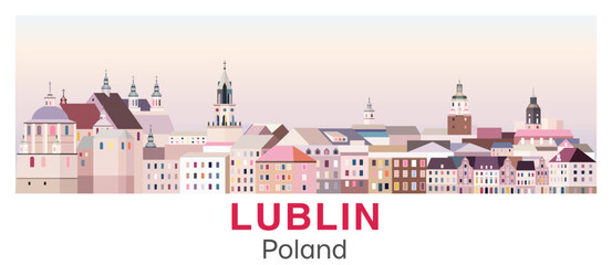 Lublin skyline in bright color palette vector poster