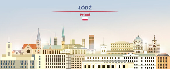 Lodz cityscape on sunrise sky background with bright sunshine. Vector illustration