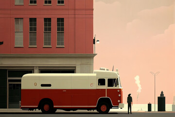 Painting, fireman putting out fire on pavement, beside retro fire engine, subtle muted colours. Generative AI.