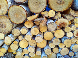 Photo of stacks of logs made of natural wood. Background. Harvesting firewood for the winter. Heated houses. Texture. Firewood for the fireplace. Birch boards. Macrosymka. Copy space