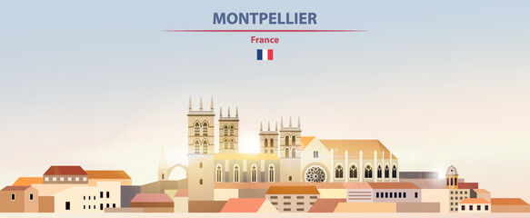 Obraz premium Montpellier cityscape on sunrise sky background with bright sunshine. Vector illustration