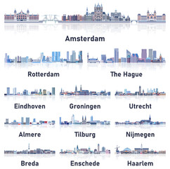 Netherlands cities skylines in soft cold tones color palette vector set. Crystal aesthetics style