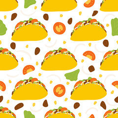 Seamless pattern with taco in flat style. Vector background with traditional Mexican food, folk cuisine, Latin American dish