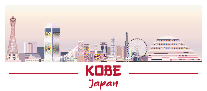 Kobe skyline in bright color palette vector illustration