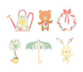 Spring Symbol Decorated with Floral Pattern with Watering Can, Wreath, Plant in Pot, Umbrella, Hare and Bear Vector Set