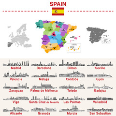 Spain map with main cities on it. Spanish cities skylines illustrations in black and white color palette. Vector set - obrazy, fototapety, plakaty