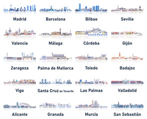 Fototapeta premium Spain cities skylines in soft cold tones color palette vector set. Crystal aesthetics style