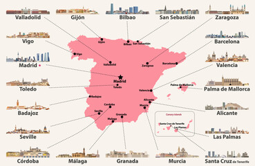 Naklejka premium Spain map with main cities skylines. Vector illustration
