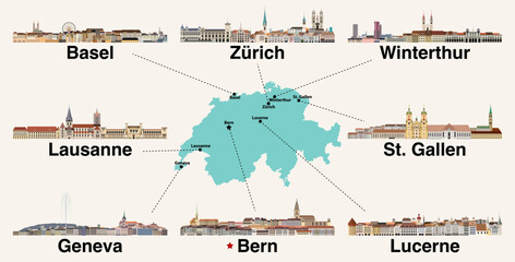 Switzerland map with main cities skylines. Vector illustration - obrazy, fototapety, plakaty