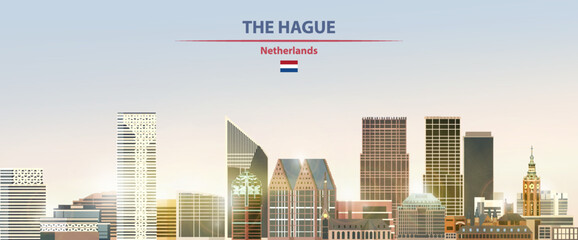 Obraz premium The Hague cityscape on sunrise sky background with bright sunshine. Vector illustration