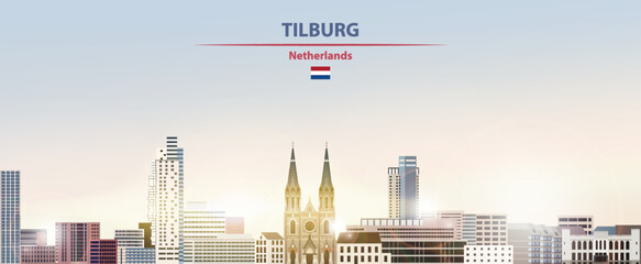 Obraz premium Tilburg cityscape on sunrise sky background with bright sunshine. Vector illustration