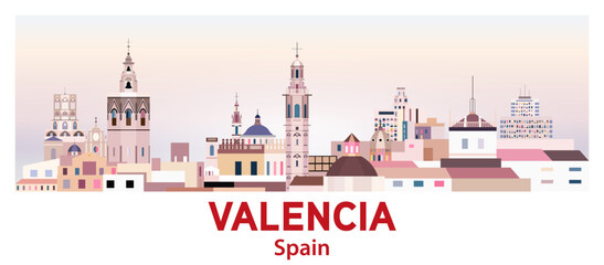 Valencia skyline in bright color palette vector illustration - 556169398