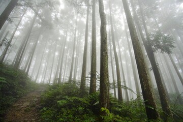Fototapeta na wymiar beautiful tall trees and mystic view of a foggy forest