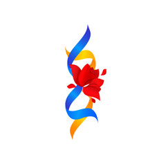 Fototapeta premium Red flower of stylized poppy with intertwined in form of number 8 ribbons of colors of Ukrainian national flag isolated on white background. International Women Day March 8 concept Vector illustration