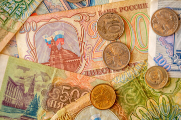Background image of old rubles from the Yelstin period following the collapse fo the Soviet Union.