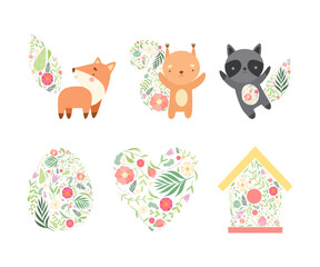 Spring Symbol Decorated with Floral Pattern with Fox, Squirrel, Raccoon, Egg, Heart and Nesting Box Vector Set