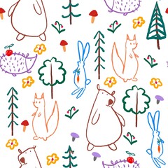 Forest animals seamless pattern. Hedgehog, bear, bear, squirrel, rabbit. For kids repeated texture