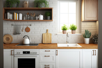 Modern kitchen interior with built in burner and sink, wooden counters, and white brick walls. a mockup. Generative AI