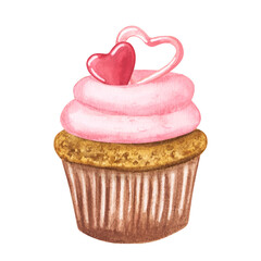 Cupcake with pink cream decorated with sweet hearts. Hand drawn watercolor illustration. For postcards, invitations. Happy Valentine's Day