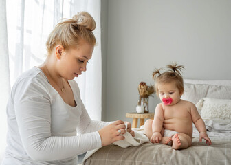 Mother changing clothes or nappy of baby toddler girl on bed at home. Child care, healthy...