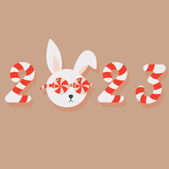 2023, cute New Year's rabbit in glasses in the form of candies. New Year's card with a rabbit.