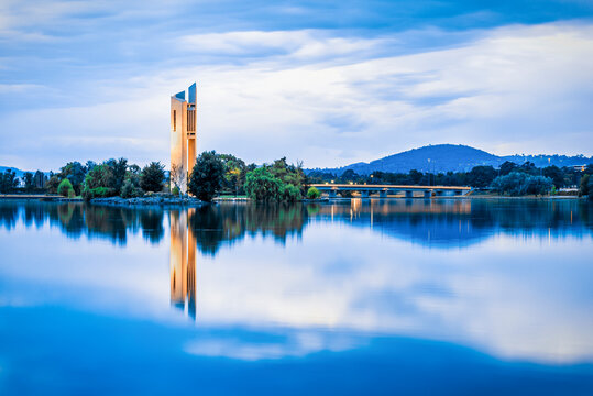Gorgeous cityscape of the National Carillon at sunset over Lake Burley Griffin, Canberra, Australia