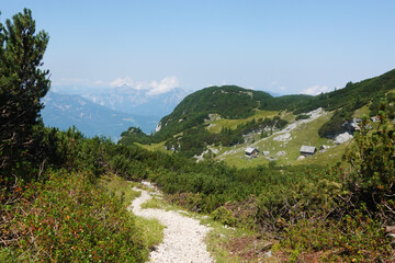 The view of Sarsteinalm from the trekking route to Hoher Sarstein mountain, Upper Austria region