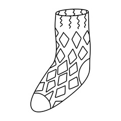 Sock with hearts pattern in hand drawn doodle style. Vector illustration for children coloring book.