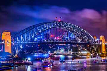 Beautiful cityscape of Sydney Harbour Bridge at night.