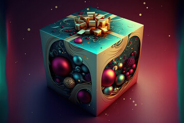 Christmas gift box with festive inside decorations. Generative AI