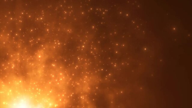 Abstract orange fiery flame bonfire of particles and sparks glowing beautiful magical on a dark background. Abstract background. Video in high quality 4k, motion design