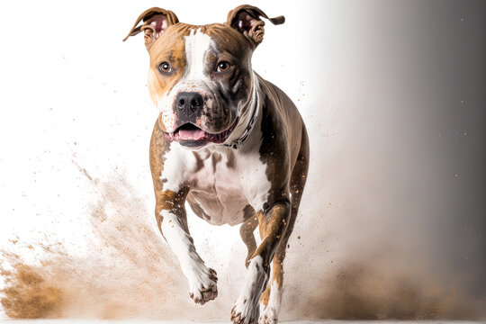 adorable, active pet. Running American Staffordshire Terrier in studio image against white backdrop. idea of motion, beauty, breed, activity, love for pets, and animal life. Advertising copy space