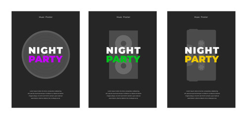 Dance minimalistic poster set. Night music party flyer or poster or banner design template for night club with DJ Mixer on black background. Minimalistic vector poster, banner, cover