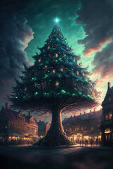 Fototapeta na wymiar beautiful night scenery, christmas tree on the city square, wallpaper, art illustration