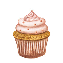 Cupcake with cream and meringue. Hand drawn watercolor illustration. For postcards, invitations. Happy Valentine's Day