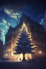 beautiful night scenery, christmas tree on the city square, wallpaper, art illustration