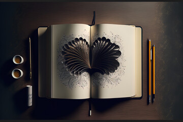 open book mock up in top view with a pen. Generative AI