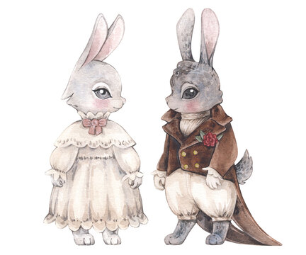 Watercolor vintage illustrations with a pair of rabbits in historical costumes in love. Isolated on white background.