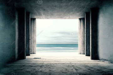 Industrial interior backdrop template abstract empty, contemporary concrete room with pillars, rough floor, and opening with ocean view,. Generative AI