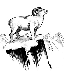 Ram on the mountain peak. Ink black and white drawing