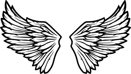 Pair of bird wings with feathers. Outline vector illustration of freedom