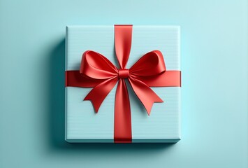 Gift or present box with red bow ribbon. Generative AI.
