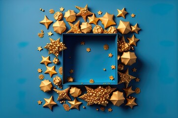 Frame from golden Christmas gift or present boxes and star confetti. Generative AI.
