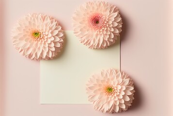 Beautiful pink dahlia flowers on the table next to the postcard. Generative AI.