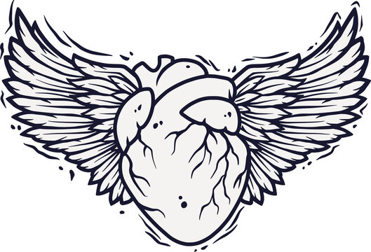 Human heart and Pair of bird wings with feathers tattoo. Outline vector illustration