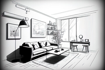 Drawing of a living room in black and white. Sketch of a room with a sofa, a light, and other furnishings. a based image. Generative AI