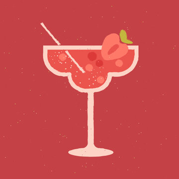 Margarita with strawberries. Berries with straw in liquid. Vector flat image