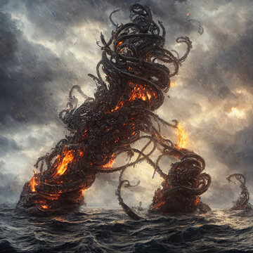 medieval ships on fire are getting destroyed by a giant kraken sea monster
