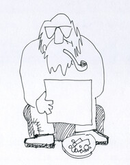 A beggar old man asks for alms. A tramp and his hat with coins. A man with a beard smokes a pipe.