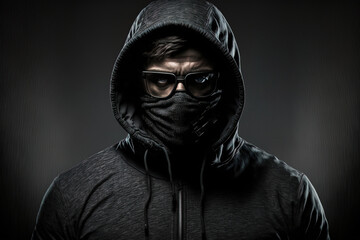 Fototapeta na wymiar stylish man in dark hoodie with black glasses and mask dark background hacker attacker and bandit. Generative AI